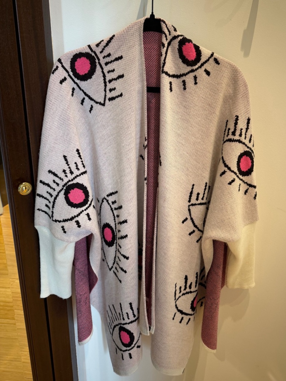 Hand Crafted Pink & Black Eye-Print Knit Poncho Shrug